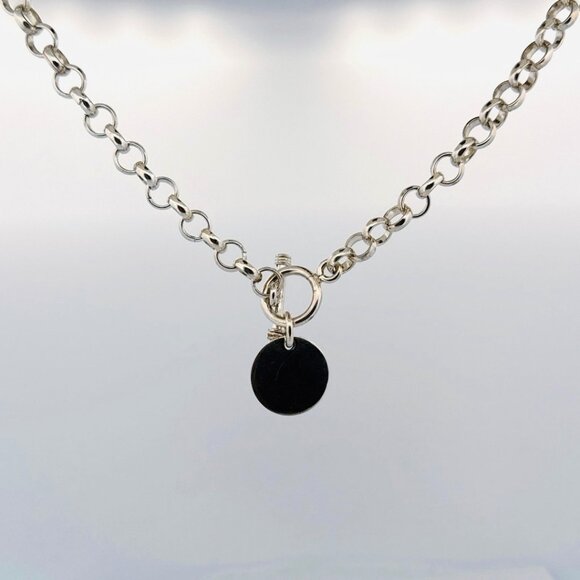 Estate Sterling Silver 925 Toggle Necklace 18” Chain Round Disc Pendant Jewelry - Picture 1 of 13